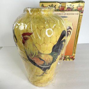 Country Harvest Yellow Rooster Vase Poultry Fence New in Box